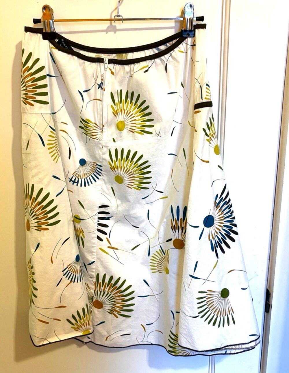 Floral Print Skirt Cream Green Teal Cotton Knee Length Mod Retro Sz L A line